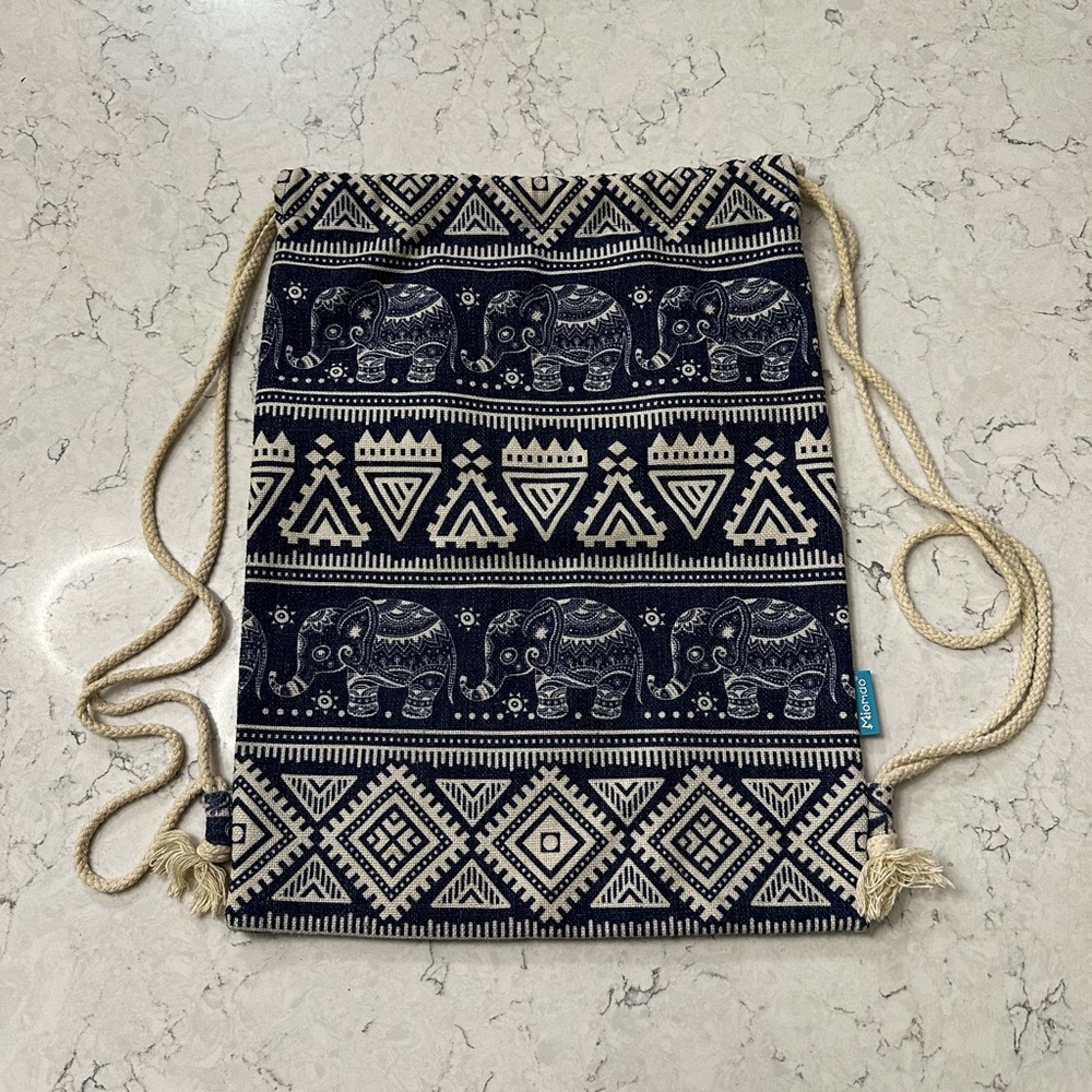 Miomao Boho Blue Elephant Indian Design Drawstring Canvas Bag Sack Gym Bag Purse